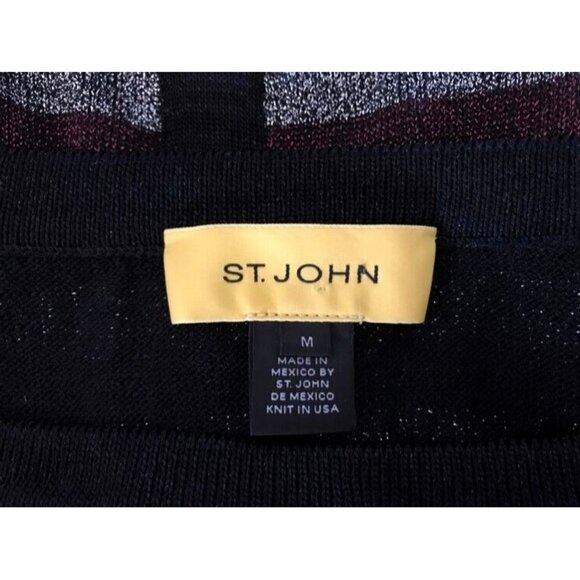 ST. JOHN Wool Rayon Sweater Yellow Label Medium Silver Burgundy Metallic Thread - Picture 6 of 8